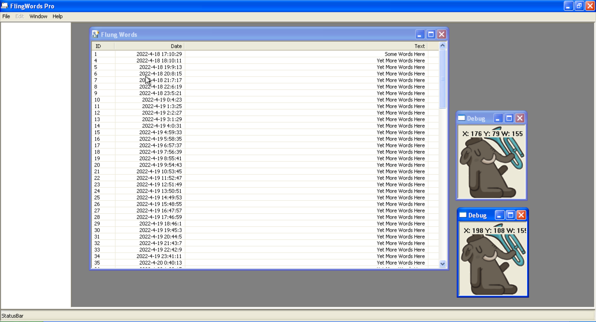 a win32 MDI application showing some fake data with some missing widgets